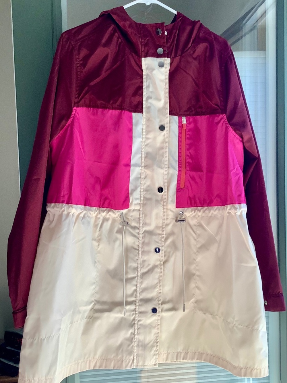 Women's Colorblock Hooded Rain Jacket - Burgundy, Hot Pink & Cream